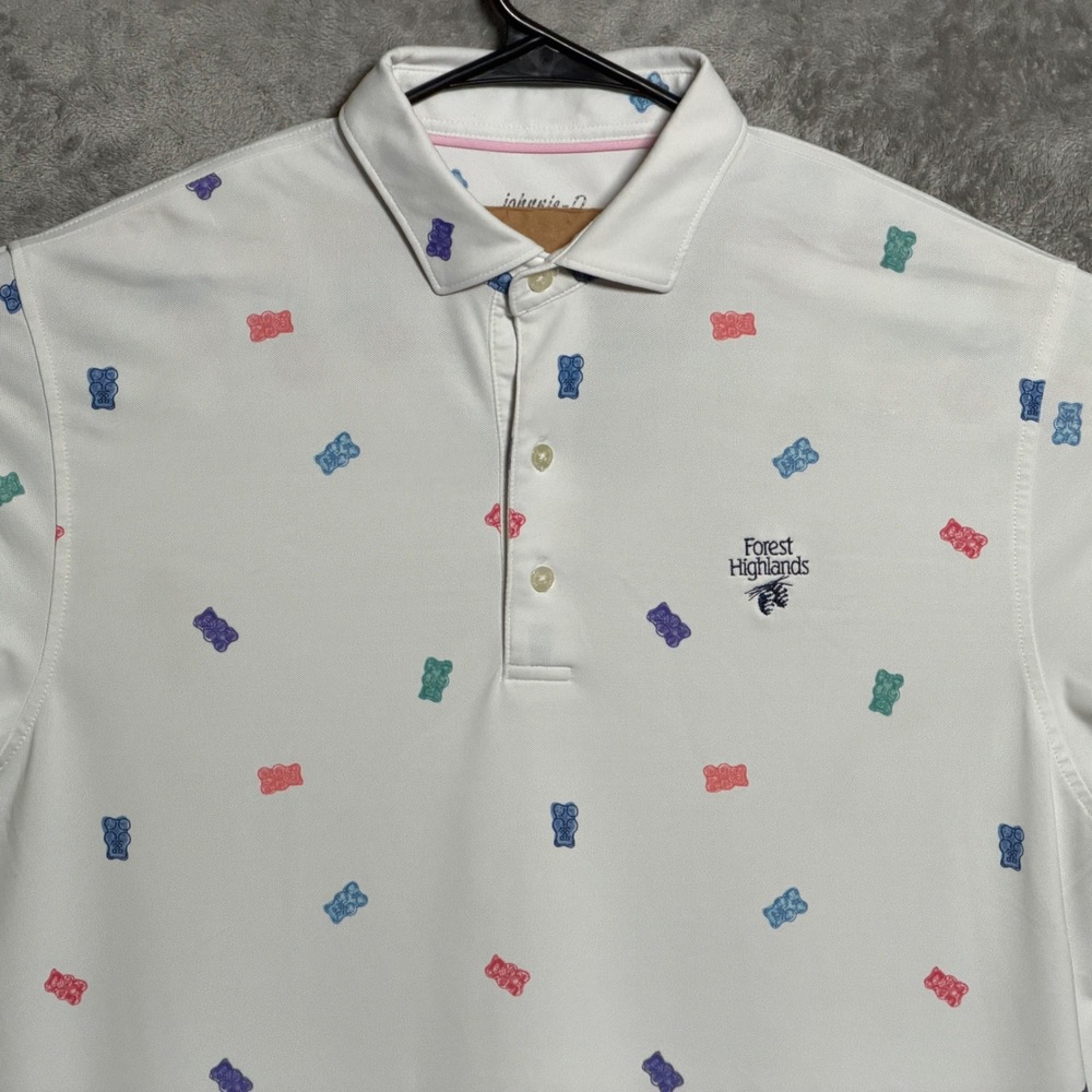 johnnie-O Polo Shirt Mens Medium White Gummy Bear Forest Highlands Golf Preppy